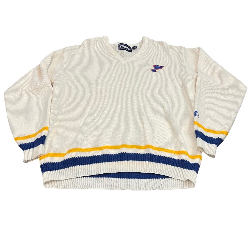 Starter Sweater Mens Medium White St Louis Blues NHL V-Neck Vintage 90s Striped